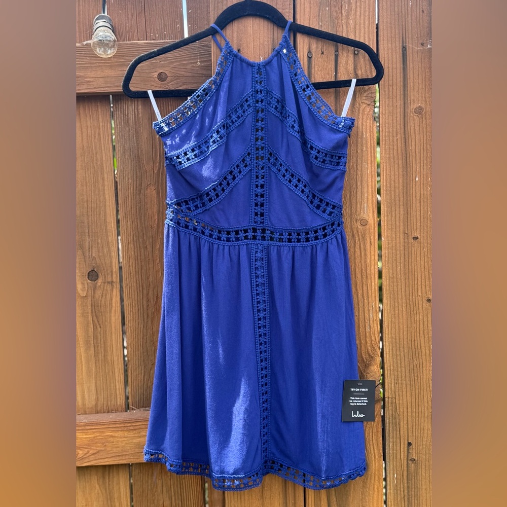 NWT Lulus Leads to You Navy Blue Crochet Lace Sleeveless Mini Dress - size XS